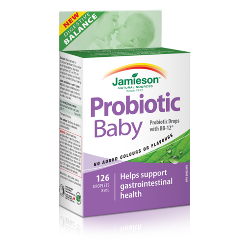 Течна пробиотична хранителна добавка на марката Jamieson, за бебета и деца от 1 месец до 3 години.  Повлиява благоприятно колики, запек и киселинен рефлукс. Подпомага правилното функциониране на стомашно-чревния тракт и повишава имунитета на бебето.