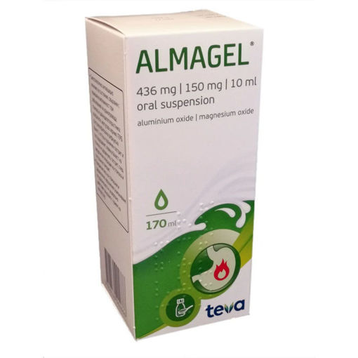 Aлмагел действа локално върху стомашната лигавица, като я предпазва от дразнещото действие на стомашната солна киселина и от други вредни вещества и храни, намалява активността на пепсина. Продуктът намалява и повишената киселинност в хранопровода