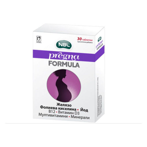 NBL Pregna Formula е хранителна добавка с фолиева киселина, допълнена с мултивитамини и минерали, за подпомагане на организма по време на бременност и кърмене. Активните съставки в Прегна Формула са желязо, фолиева киселина, йод, В12, витамин D3, мултивитамини и минерали.
