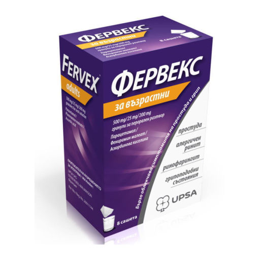 Фервекс съдържа парацетамол.Предназначен за лечение на простуда, алергичен ринит, ринофарингит и грипоподобни състояния при възрастни и деца над 15 години.