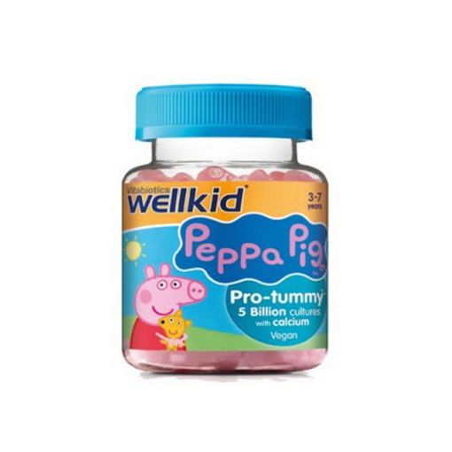 Wellkid Peppa Pig Pro-tummy Пробиотик е микробиотична добавка за деца на възраст от 3 до 7 години, с чудесен портокалов вкус, предоставяща 5 милиарда полезни бактерии. В състава е включен и калций, който помага на нормалната работа на храносмилателните ензими.
