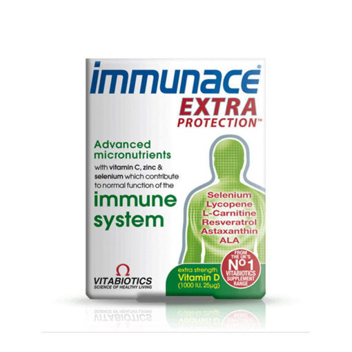 Immunace Extra Protection от Vitabiotics е хранителна добавка с оптимизирана формула за подпомагане нормалната имунната функция. Имунейс Екстра Защита е формула осигуряваща 28 хранителни вещества, включително естествен ликопен, ресвератрол, астаксантин, алфа липоева киселина и допълнителен витамин D от 1000 IU.