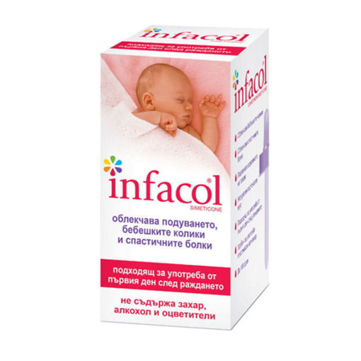 Инфакол действа като помага на малките задържани мехурчета да се свържат в по-големи, които бебето лесно може да изкара – като така спомага да се облекчи болката и дискомфорта.Облекчава стомашните газове, спазми и колики при бебетата.