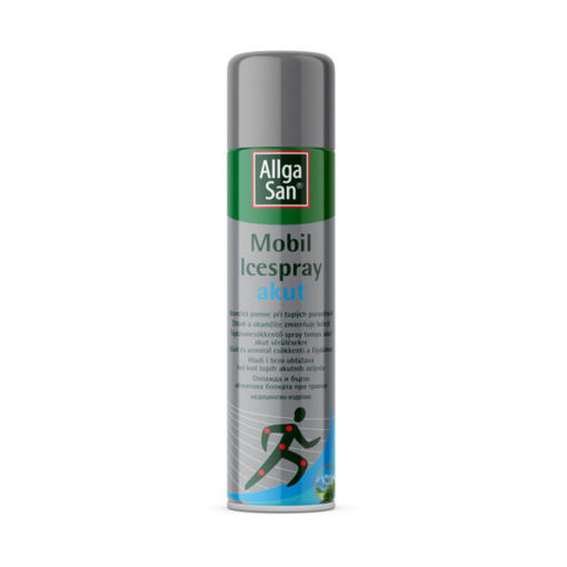 AllgaSan Mobil Ice Spray Akut е спрей с охлаждащо действие, който бързо и ефективно намалява болката при претърпени травми и разтежения. Алга Сан Мобил Айс Спрей Акут се прилага като болкоуспокоително средство при претърпени остри битови или спортни травми.