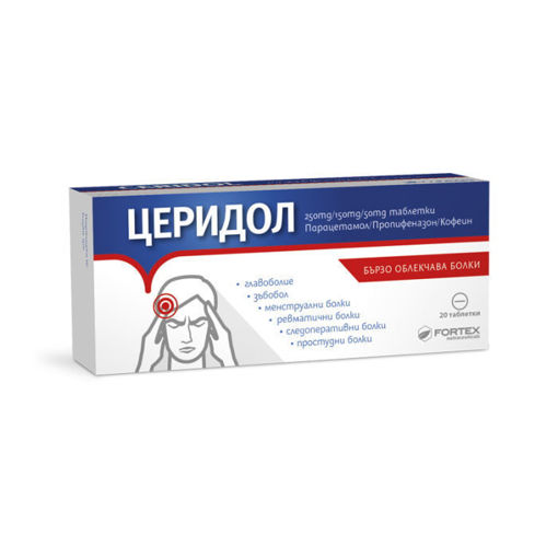 Церидол е предназначен за лечение на главоболие, зъбобол, менструални, ревматични и следоперативни болки. Церидол понижава температурата и облекчава простудна болка.