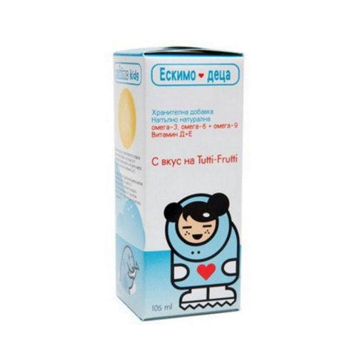 Eskimo Kids естествено рибено масло за деца с Омега 3-6-9 + витамини D и Е съдържа есенциални мастни киселини Омега-3 и Омега-6, които са незаменими за растежа и развитието на децата. Витамин Д е нужен за израстването на децата, за укрепване на тяхната костна система, а витамин Е е мощен антиоксидант.