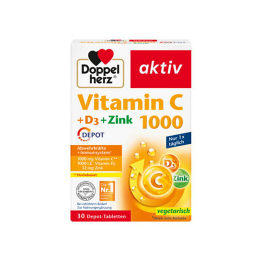 Допелхерц® актив Витамин С 1000 + D3 + цинк ДЕПО осигурява високи дози витамин С, витамин D и цинк в подкрепа на имунитета.