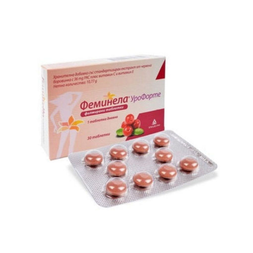 Феминела Урофорте таблетки е хранителна добавка със стандартизиран екстракт от червена боровинка плюс витамини C и Е. Има благоприятен ефект за поддържане здравословното състояние на пикочните пътища. Спомага за прочистване на уринарния тракт. Проявява антиоксидантен ефект и подпомага имунната защита на организма.