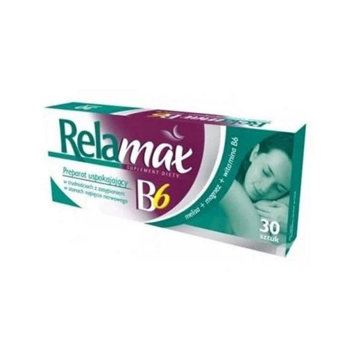 Relamax B6 съдържа успокояващи растителни екстракти от билката маточина, магнезий, витамин В6. Има успокояващо действие и се препоръчва при хора с проблеми със съня (трудно заспиване), нервно напрежение и тревожност.