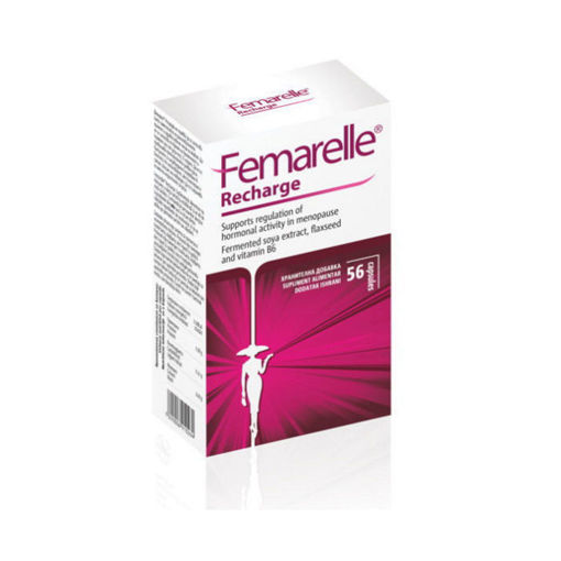 Подпомага хормоналната активност при жени в менопауза. Единствената по рода си формула на Femarelle® Recharge включва патентования дериват от ферментирал соев екстракт (DT56a), ленено семе и витамин В6, които допринасят за  регулиране на хормоналната дейност, намаляват умората и усещането за отпадналост, осигуряват нормалното функциониране на нервната система, нормалните физиологични функции и енергиен метаболизъм.