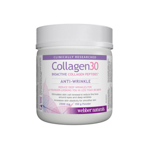 Collagen30 на канадската компания Webber Naturals е натурален продукт допринасящ за гладка кожа с младежки и сияен вид. Стимулира обновяването на клетките на кожата като намалява фините линии на лицето и бръчките около очите. Насърчава производството на колаген и еластин за по-гладка кожа с младежки вид. Допринася за по-гъста и плътна коса и по-здрави нокти.