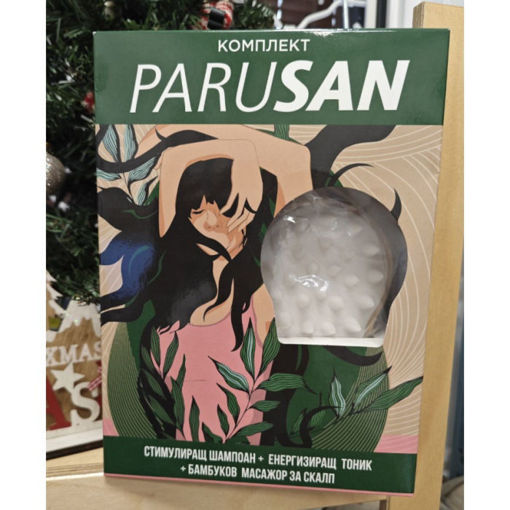 Kоледен комплект за красива коса против косопад Parusan - Стимулиращ шампоан за жени 200 мл + Енергизиращ тоник против косопад 200 мл + бамбуков масажор за скалп